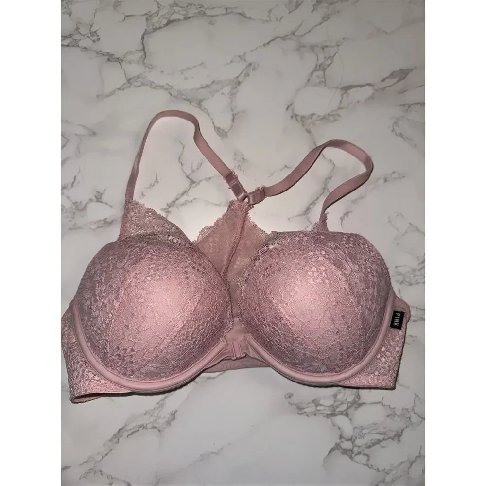 Victoria’s Secret PINK Date Push Up Bra Pink‎ Lace Front Clasp 34C